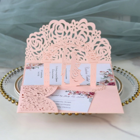 Elegant 3D Pop Up Wedding Invitations Pearl Paper Laser Cut Rose Flower Bride Groom Hollow Greeting Cards For Marriage Ceremony