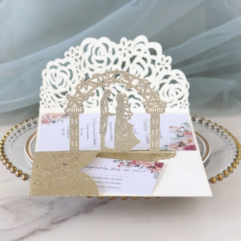 Laser Cut 3D Pop-up Wedding Invitation Card With Envelope Glitter Paper Floral Bride And Groom Design For Marriage Party