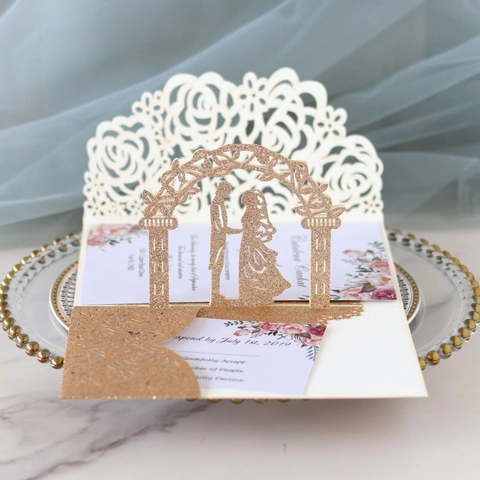 Laser Cut 3D Pop-up Wedding Invitation Card With Envelope Glitter Paper Floral Bride And Groom Design For Marriage Party