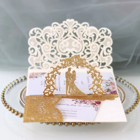 Invitations de Mariage 3D Pop-up Style Européen Papier Perlé Découpe Laser Pailleté Silhouette Mariés Arche Cartes Invitation