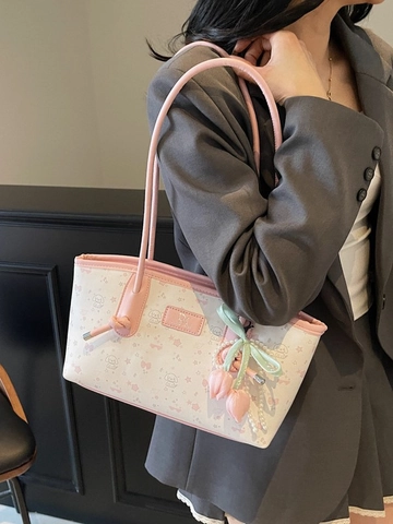 Sac à Épaule Imprimé Dessin Animé pour Femmes Sac Cabas en Cuir PU Grande Capacité Avec Pendentif Tulipe en Perles pour École Quotidien
