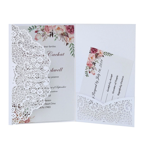 European Laser Cut Wedding Invitation Cards With Hollow Lace Pocket Floral Inserts Envelopes For Engagement Party Celebration Stationery
