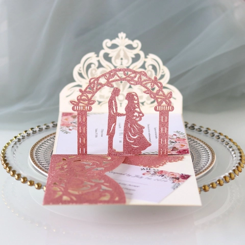 3D Pop Up Laser Cut Wedding Invitation Cards Glitter Pearlescent Paper Hollow Lace Greeting Cards With Envelopes For Marriage Engagement Celebration