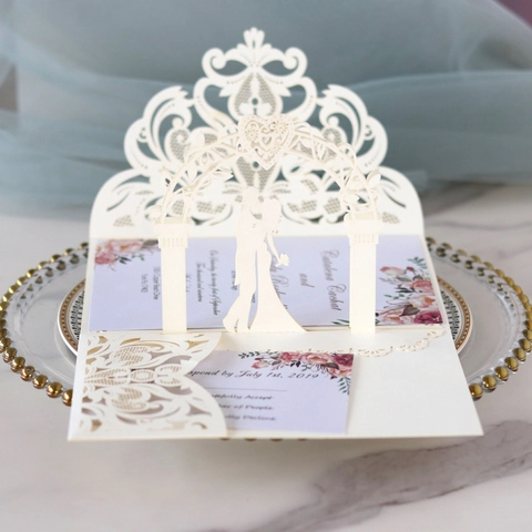 European Style Laser Cut 3D Pop Up Wedding Invitation Card Set With Envelopes Pearlescent Paper Hollow Lace Floral Cards