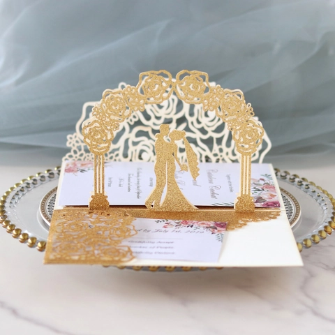 3D Pop-up Hochzeitskarten Laser Geschnitten Rose Blumenbogen Paar Silhouette Glitzer Perlmuttpapier Einladungskarten Für Trauung