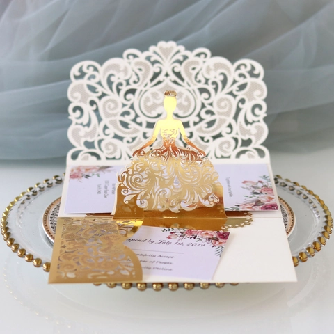 Invitaciones de Boda 3D Corte Láser Elegante Silueta de Novia Encaje Hueco Tarjeta Pop Up Con Sobres Para Fiesta Matrimonio