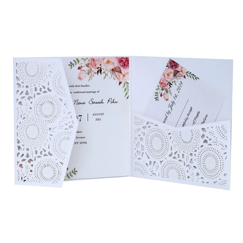 Élégant Ensemble Invitations de Mariage Découpe Laser Papier Perlé Design Floral Creux Enveloppe Cartes Intérieures Articles Fête