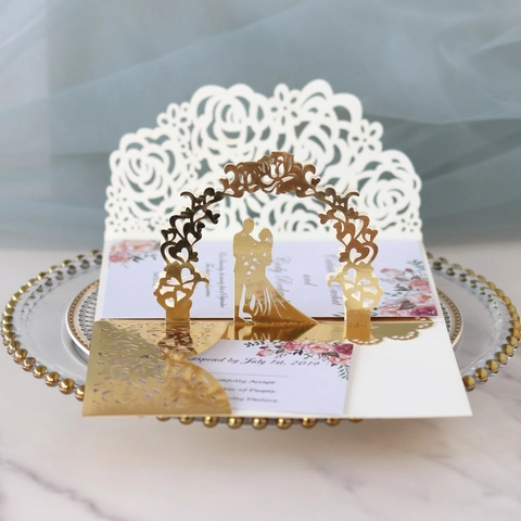 3D Pop Up Wedding Invitation Cards Laser Cut Rose Floral Bride Groom Silhouette Romantic Party Greeting Cards Pearl Paper