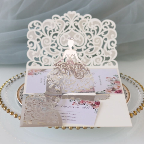 Invitaciones de Boda 3D Corte Láser Elegante Silueta de Novia Encaje Hueco Tarjeta Pop Up Con Sobres Para Fiesta Matrimonio