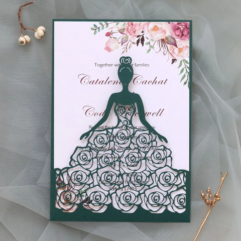 Laser Geschnittene Braut Silhouette Blumen Hochzeit Einladungskarte Perlglanzpapier Hohles Rosenmuster Elegante Party Einladung