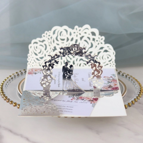 3D Pop Up Wedding Invitation Cards Laser Cut Rose Floral Bride Groom Silhouette Romantic Party Greeting Cards Pearl Paper