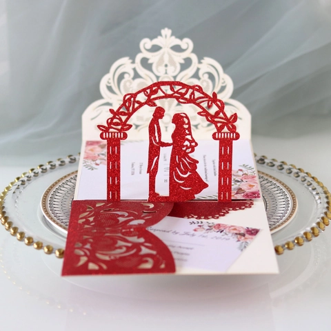 3D Pop Up Laser Cut Wedding Invitation Cards Glitter Pearlescent Paper Hollow Lace Greeting Cards With Envelopes For Marriage Engagement Celebration