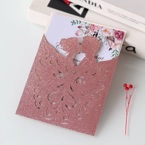 Laser Cut Wedding Invitations Glitter Paper Couple Silhouette Hollow Floral Invitation Cards With Envelopes For Marriage Party