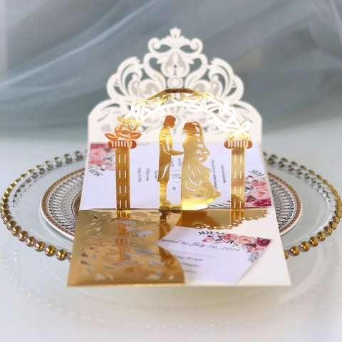 Europäischer Stil Laser Geschnitten 3D Pop Up Hochzeit Einladungen Perlpapier Hohl Blume Braut Bräutigam Grußkarten Für Feier