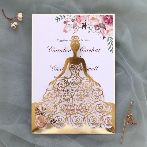 Laser Geschnittene Braut Silhouette Blumen Hochzeit Einladungskarte Perlglanzpapier Hohles Rosenmuster Elegante Party Einladung