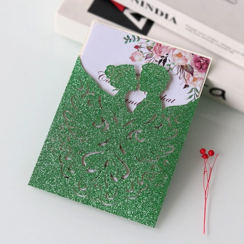 Laser Cut Wedding Invitations Glitter Paper Couple Silhouette Hollow Floral Invitation Cards With Envelopes For Marriage Party