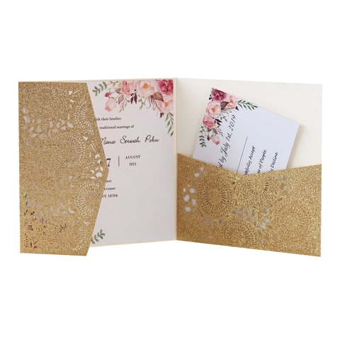 Luxus Laser Geschnitten Hochzeit Einladungen Glitzer Perlmuttpapier Blumen Ausgehöhlt Verlobung Einladungskarten Set Mit Umschlägen Für Hochzeitsfeier Event Zeremonie
