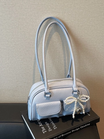 Women Fashion PU Leather Litchi Texture Pillow Shoulder Bag With Artificial Pearl Bow Charm Niche Design Underarm Bag For Commuting