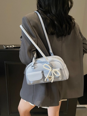 Women Fashion PU Leather Litchi Texture Pillow Shoulder Bag With Artificial Pearl Bow Charm Niche Design Underarm Bag For Commuting