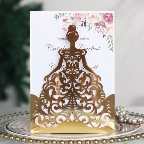 Inviti di Nozze Taglio Laser Carta Perlata Silhouette Sposa Inviti Traforati Busta Copertina Pagina Interna