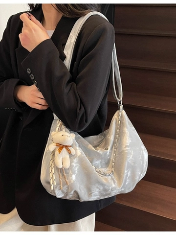 Bolso Hobo de Cadena para Mujer de Gran Capacidad Moda Color de Contraste Bolso de Hombro de Cuero PU con Colgante de Oso