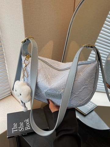 Women Fashion PU Leather Embroidered Flower Dumpling Bag With Cloud Plush Pendant Vintage Hobo Shoulder Bag For Daily Use