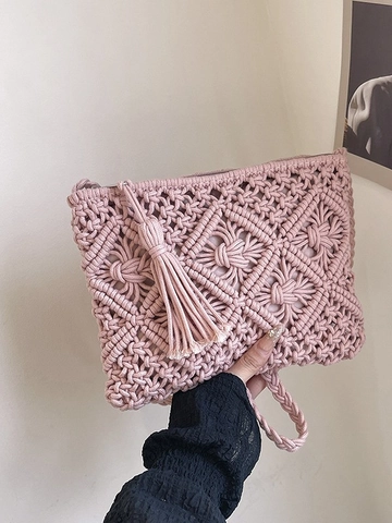 Bohemian Handmade Woven Crossbody Bag For Women Tassel Hollow Geometric Straw Beach Holiday Shoulder Small Square Bag