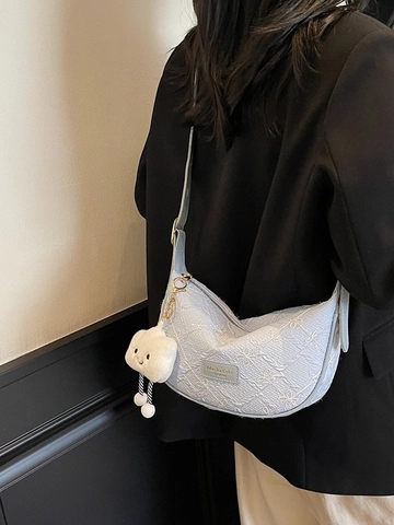Damen Mode Teigtaschen-Tasche Bestickt Textur PU-Leder Umhängetasche Mit Wolke Plüsch-Anhänger Verstellbarer Schultergurt Lässige Handtasche