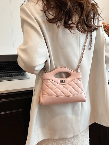Fashion Women Quilted PU Crossbody Bag With Metal Chain Strap Small Square Handbag Lock Closure Shoulder Bag For Daily Summer