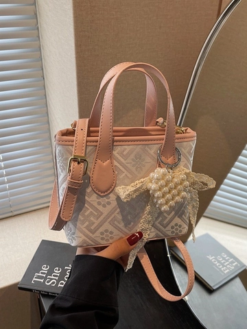 Damen Vintage Jacquard Beuteltasche Süße Künstliche Perle Herz Spitze Deko Handtasche Bestickte Schulter Umhängetasche