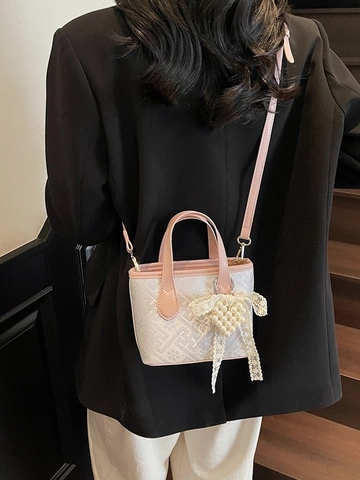 Damen Vintage Jacquard Beuteltasche Süße Künstliche Perle Herz Spitze Deko Handtasche Bestickte Schulter Umhängetasche