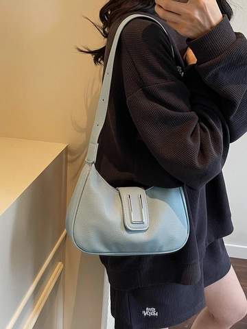 Women Minimalist Litchi Pattern PU Leather Underarm Bag With Adjustable Strap Silver Metal Buckle Crossbody Hobo Shoulder Bag