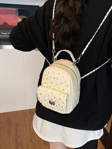 Women Fashion Rhinestone Quilted PU Leather Mini Backpack Chain Strap Small Travel School Bag For Girls Everyday Bag