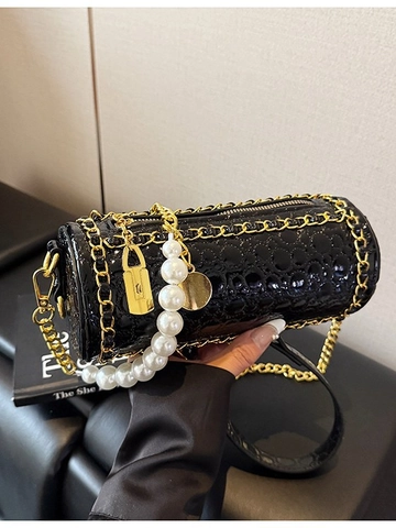 Borsa a Tracolla a Cilindro da Donna alla Moda in Pelle PU Trapuntata a Barile con Tracolla a Catena di Perle Elegante Borsa a Mano