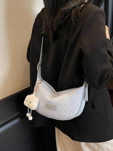 Women Fashion PU Leather Embroidered Flower Dumpling Bag With Cloud Plush Pendant Vintage Hobo Shoulder Bag For Daily Use