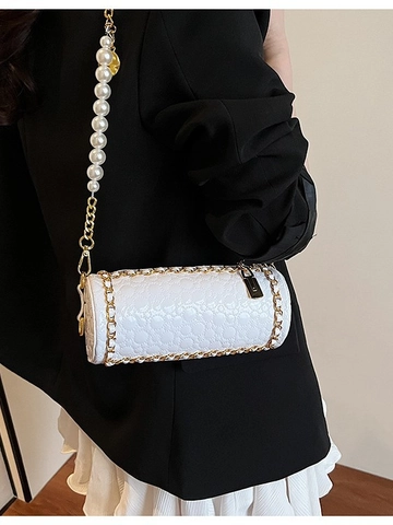 Borsa a Tracolla a Cilindro da Donna alla Moda in Pelle PU Trapuntata a Barile con Tracolla a Catena di Perle Elegante Borsa a Mano