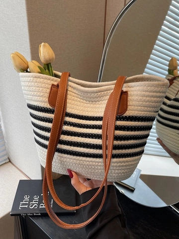 Women Woven Rope Tote Bag Striped Casual Vacation Beach Shoulder Bag Large Capacity PU Leather Handle Bohemian Style Fashion Handbag