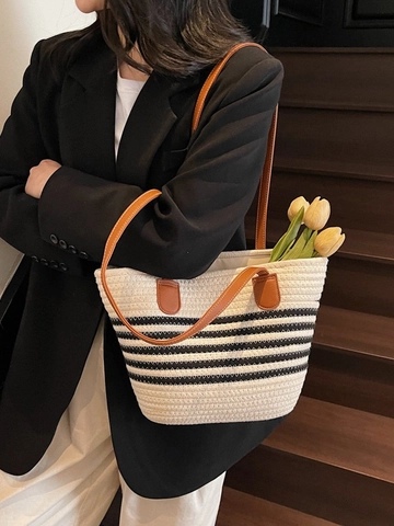 Women Woven Rope Tote Bag Striped Casual Vacation Beach Shoulder Bag Large Capacity PU Leather Handle Bohemian Style Fashion Handbag