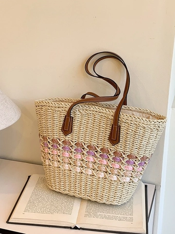 Large Capacity Straw Woven Tote Bag For Women Summer Beach Vacation Shoulder Bag With Color Contrast Gradient Pattern Leather Strap