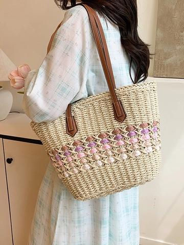 Large Capacity Straw Woven Tote Bag For Women Summer Beach Vacation Shoulder Bag With Color Contrast Gradient Pattern Leather Strap