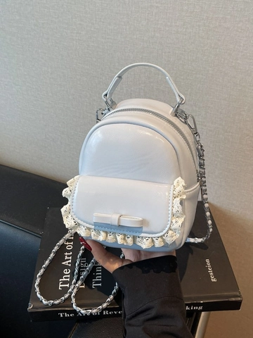 Women Mini PU Leather Backpack With Lace Trim Bow Decoration Metal Chain Strap Sweet Style Small Rucksack Travel Daily Handbag