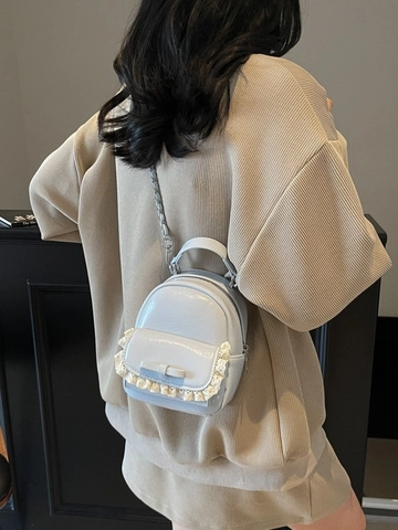 Women Mini PU Leather Backpack With Lace Trim Bow Decoration Metal Chain Strap Sweet Style Small Rucksack Travel Daily Handbag