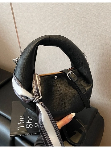 Fashion PU Leather Hobo Shoulder Bag For Women Small Lychee Pattern Handbag With Satin Scarf Decor Crossbody Bag