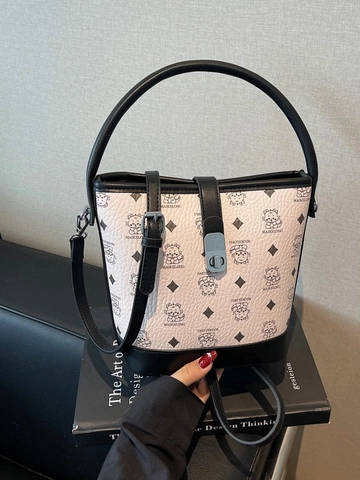 Borsa a Secchiello da Donna Vintage in Pelle PU con Stampa Monogramma a Cartone Animato Colore a Contrasto Tracolla a Spalla