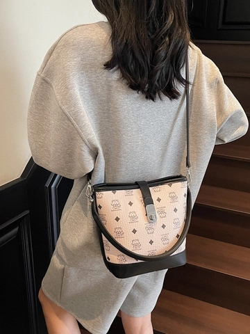 Borsa a Secchiello da Donna Vintage in Pelle PU con Stampa Monogramma a Cartone Animato Colore a Contrasto Tracolla a Spalla