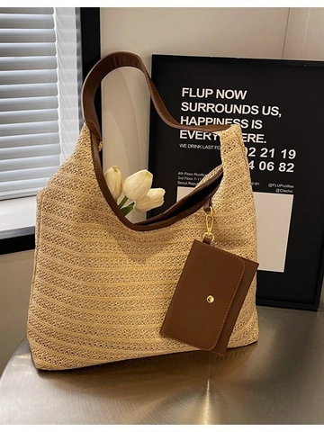 Large Capacity Handwoven Straw Tote Bag For Women Casual Summer Beach Shoulder Bag With Magnetic Buckle And Small Pouch