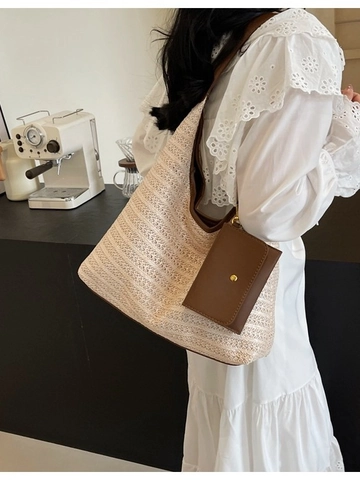 Large Capacity Handwoven Straw Tote Bag For Women Casual Summer Beach Shoulder Bag With Magnetic Buckle And Small Pouch