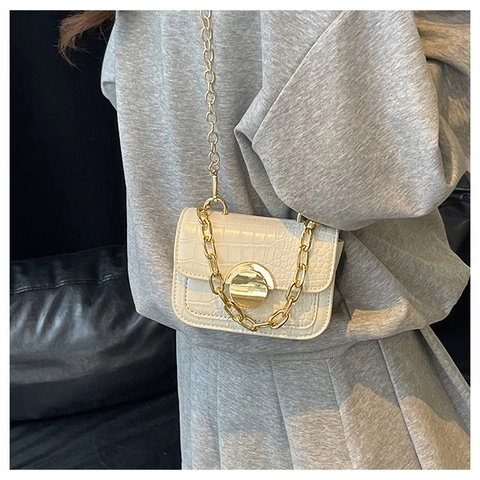 Crocodile Pattern PU Leather Mini Shoulder Bag For Women And Girls Fashion Crossbody Bag With Gold Chain Lock Daily Party Gift