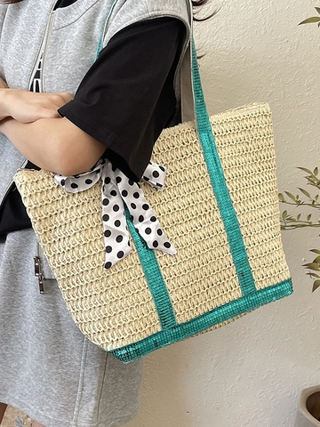 Zomer Grote Capaciteit Stro Tote Tas Voor Vrouwen Handgeweven Strand Schoudertas Met Lovertjes Bandjes En Strik