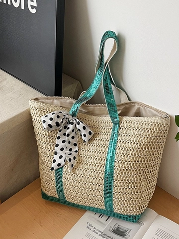 Zomer Grote Capaciteit Stro Tote Tas Voor Vrouwen Handgeweven Strand Schoudertas Met Lovertjes Bandjes En Strik